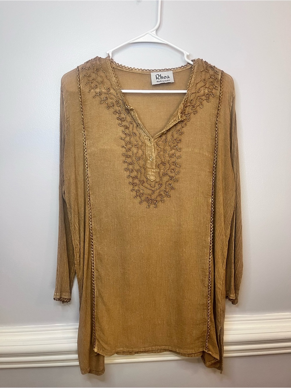 Women's Embroidered V-Neck Tunic in Mustard
